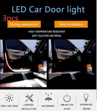 Red and white LED car door warning light strip with streamer effect on a car door edge