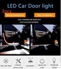 Red and white LED car door warning light strip with streamer effect on a car door edge