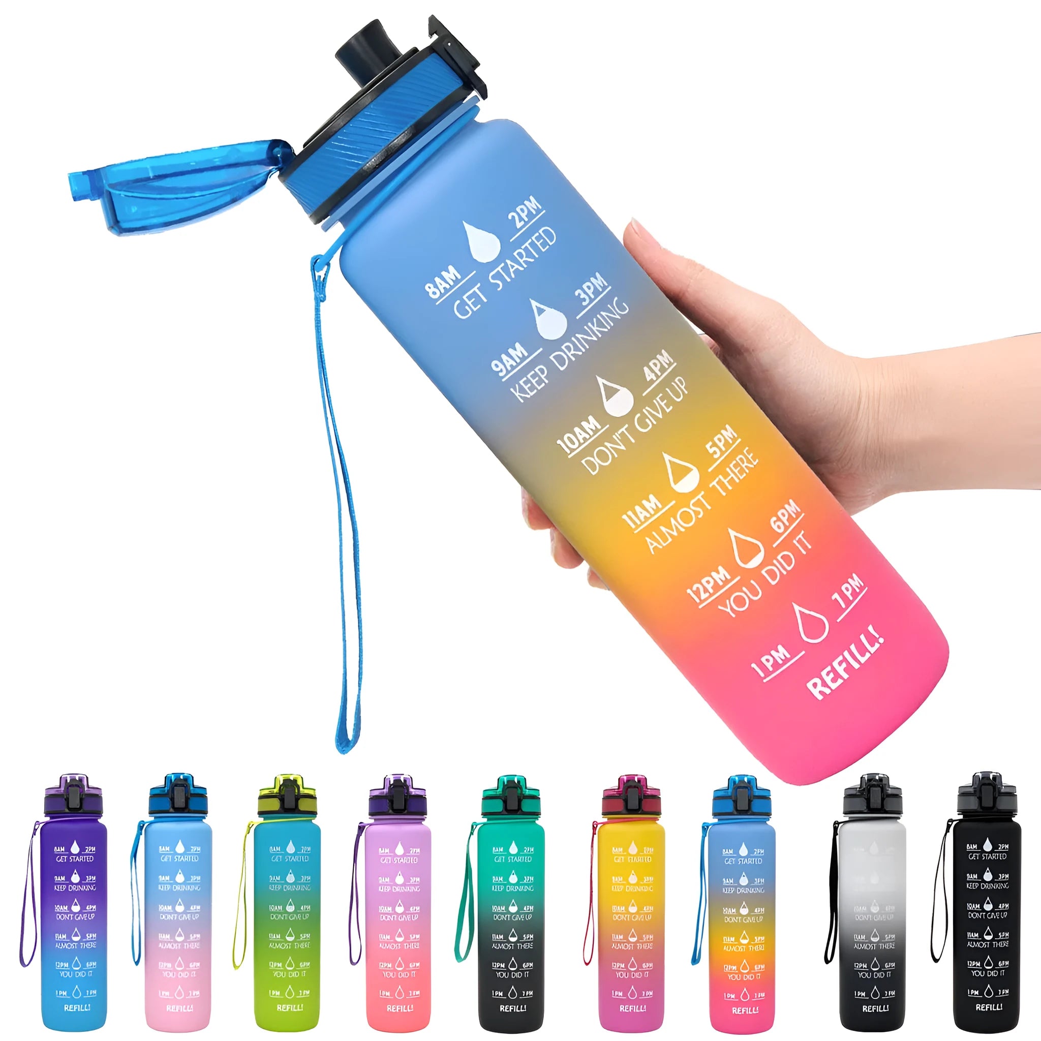 Blue-red gradient 1L Tritan water bottle with time markers and flip-top lid on a gym bag