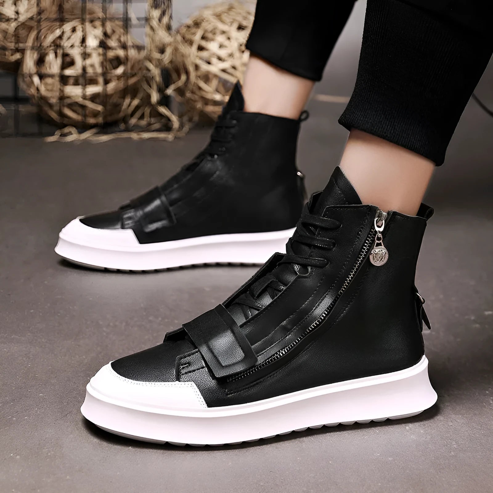 Men's black and white PU leather high-top ankle boots for winter, shown with size chart.