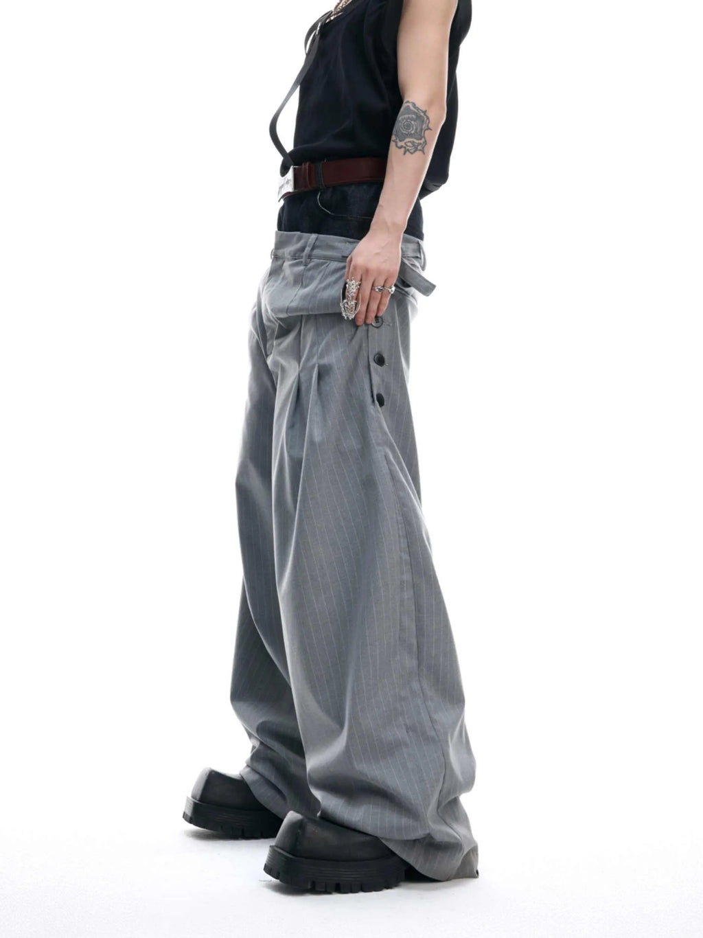 Double waist striped suit pants with raw denim stitching in grey, composite fabric, sizes S to XL