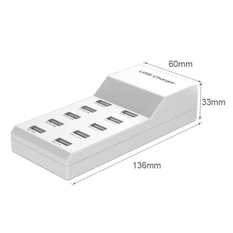 5-port USB charger station 5V 10A 50W with black fireproof plastic casing and USB ports