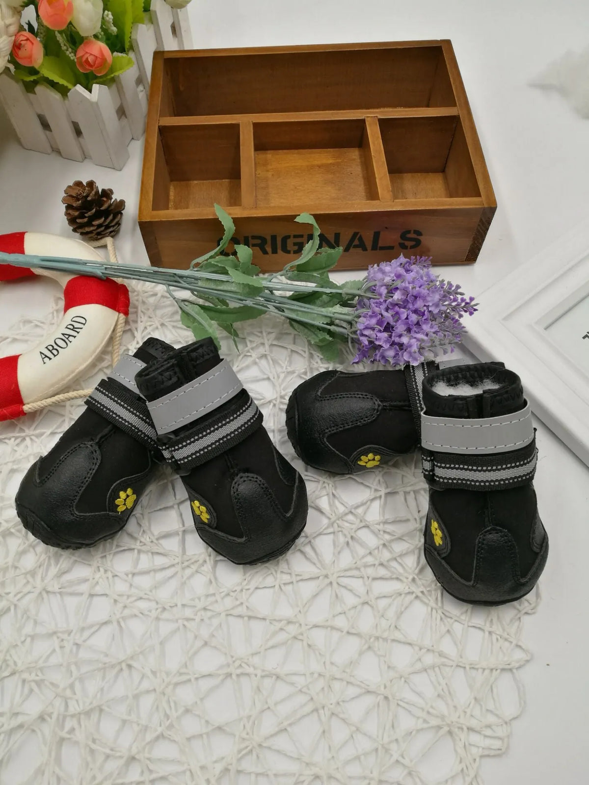 Black dog shoes with waterproof PVC sole and adjustable fuzzy strap, sizes 2-6, No1, No7, No8