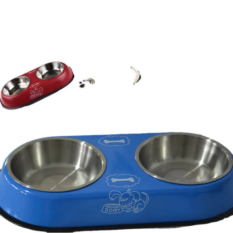 Stainless steel double dog bowl with non-slip base, two 10-10.9cm bowls, in Apricot beige, Blue flower or Wine Red