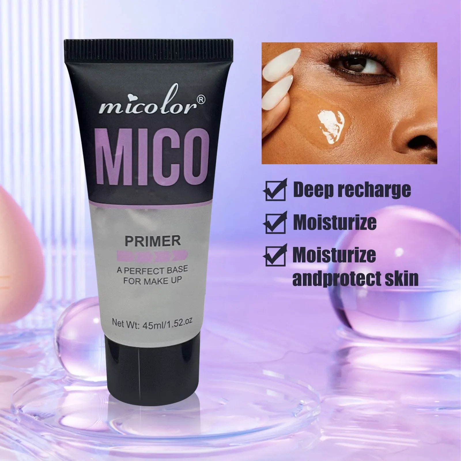Two-in-one makeup primer and setting spray set with 45ml and 40ml bottles in monochrome packaging