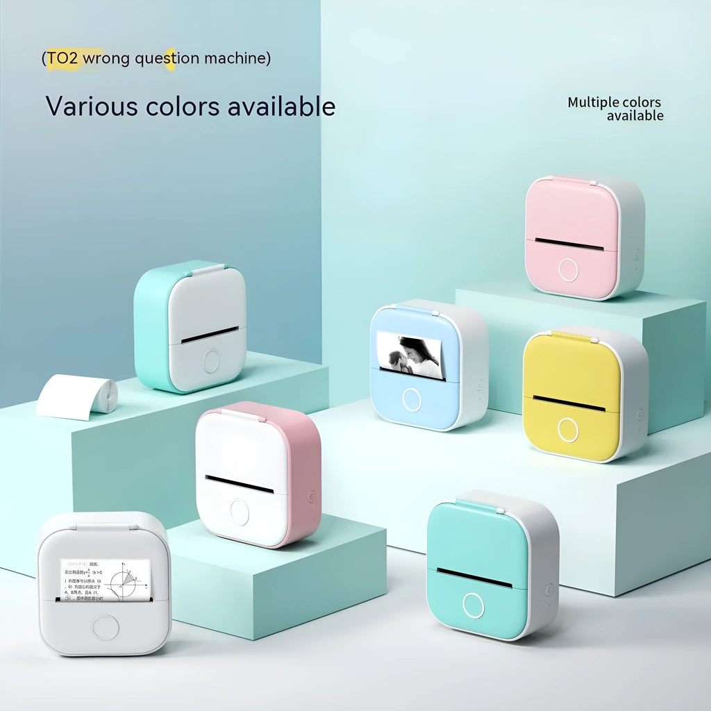 Phomemo T02 series portable mini thermal label printer in white and pink, with Bluetooth and USB charging