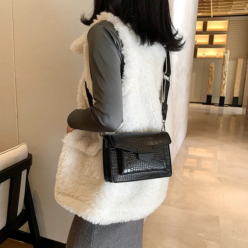 Vintage PU leather crossbody bag shown in black, dimensions 20cm by 14cm.