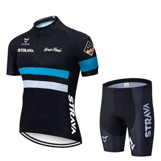 Men's cycling jersey and bib shorts set with COOLMAX gel pad, polyester and lycra, sizes XS to 4XL