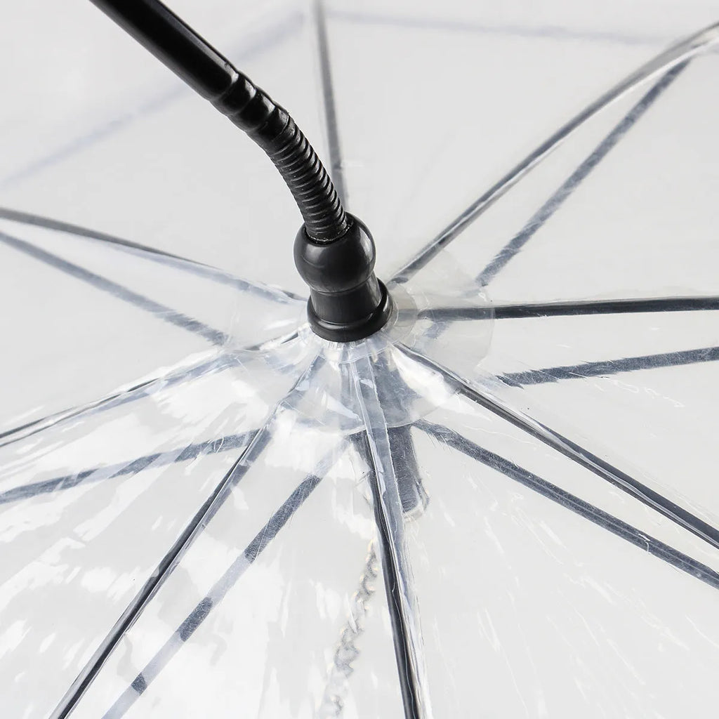 Transparent pet umbrella with white C-shaped handle, 70cm PVC canopy, and fibreglass frame for dog walks in rain