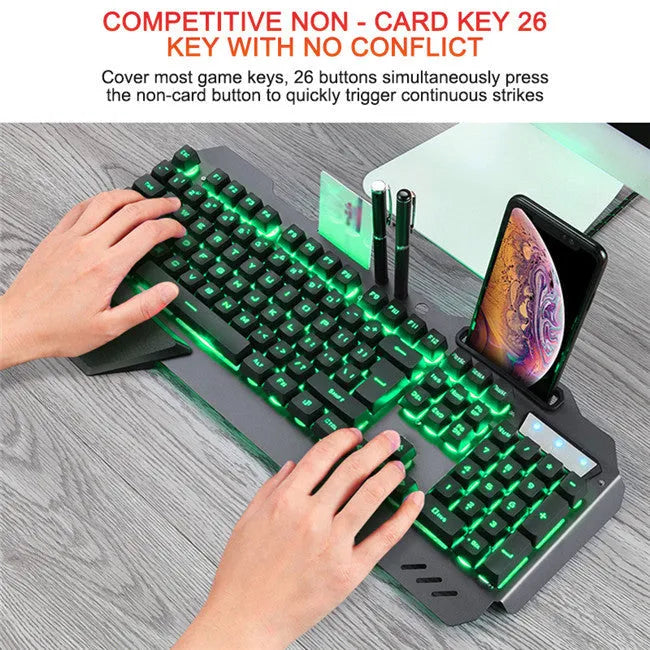 Wired gaming keyboard with RGB LED backlight, phone holder, pen slot, and card slot in black, white, or grey.