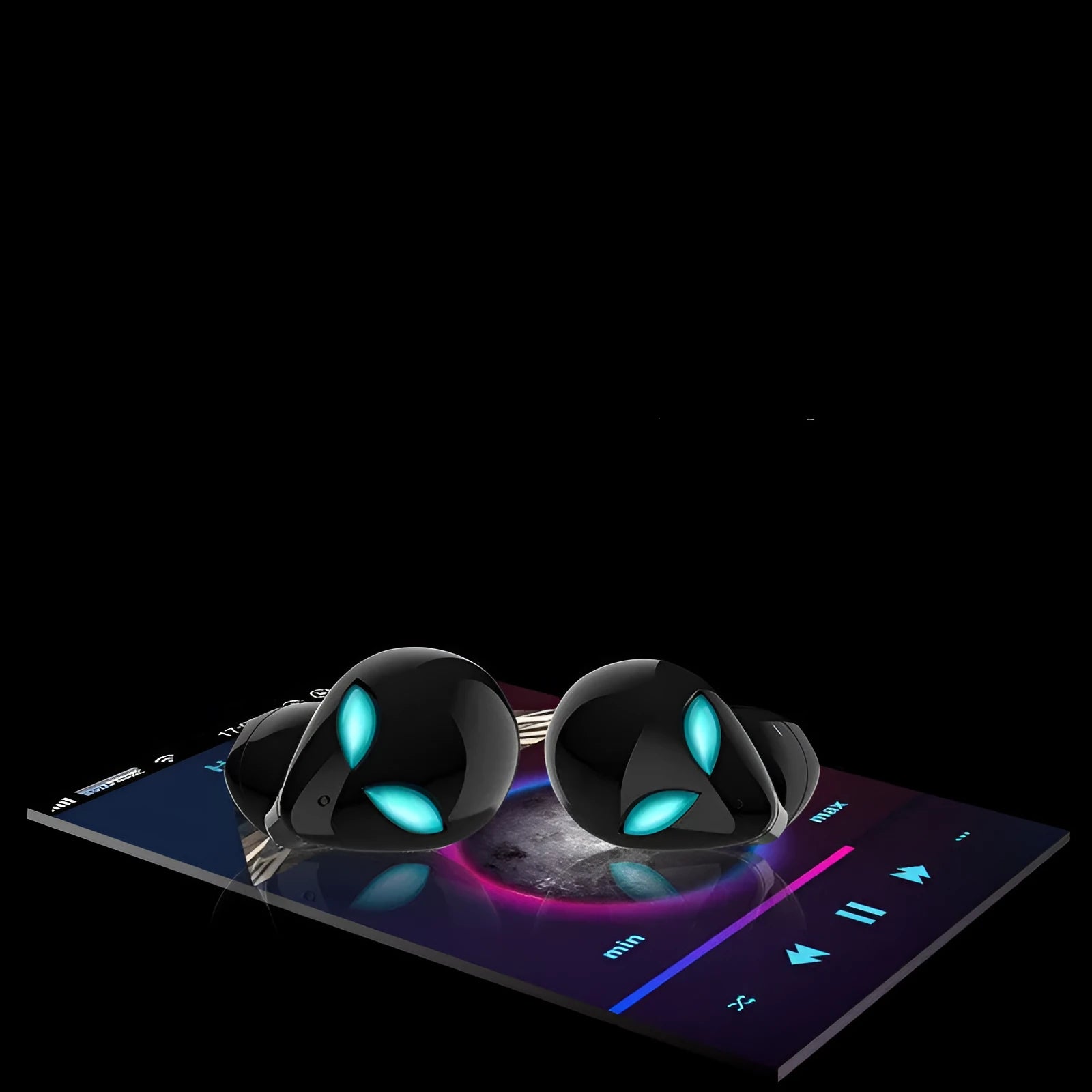Creative Outer T8 Starman alien design Bluetooth earbuds with LED lights next to wireless charging case.