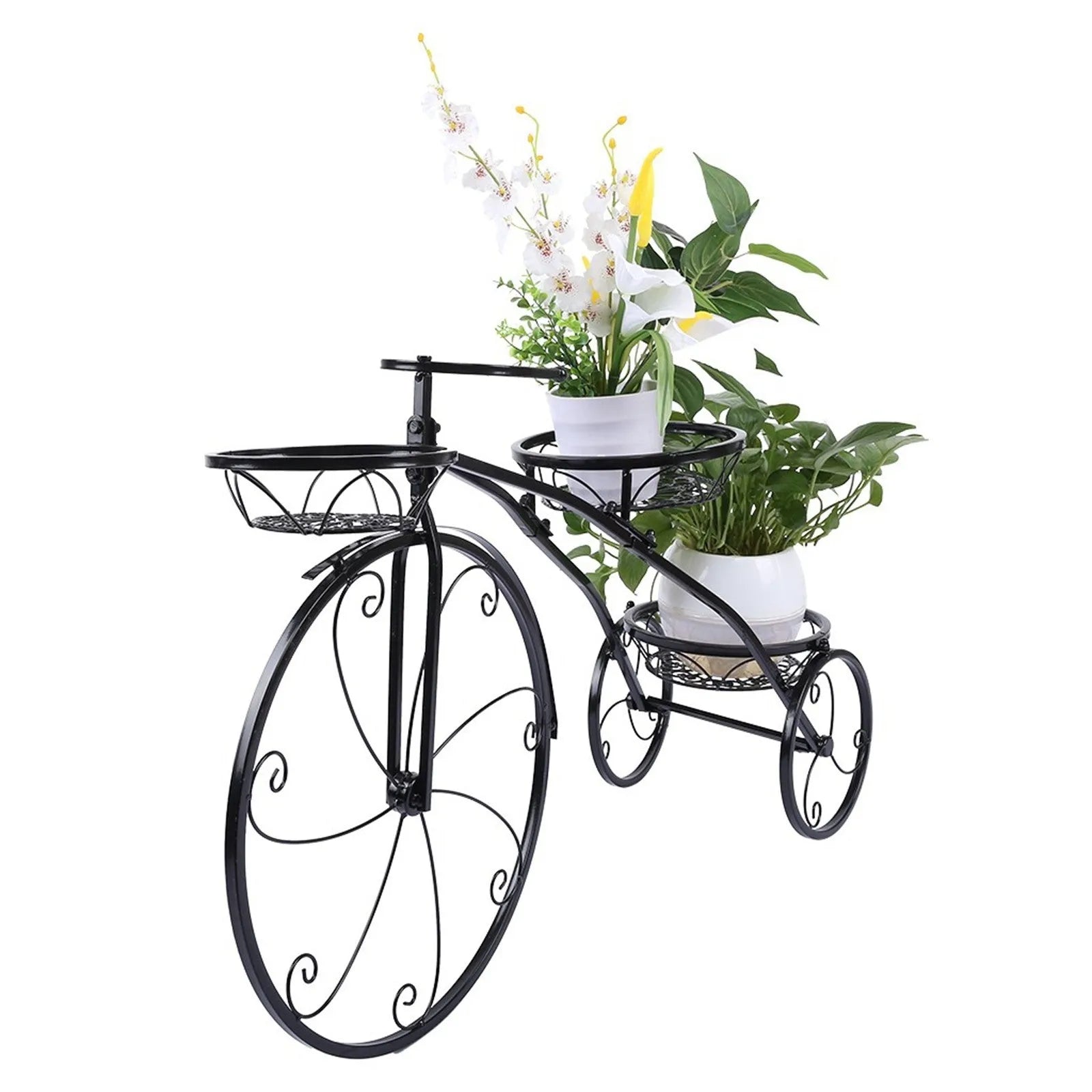 Black wrought iron tricycle plant stand with three round basket tiers and decorative scroll wheels