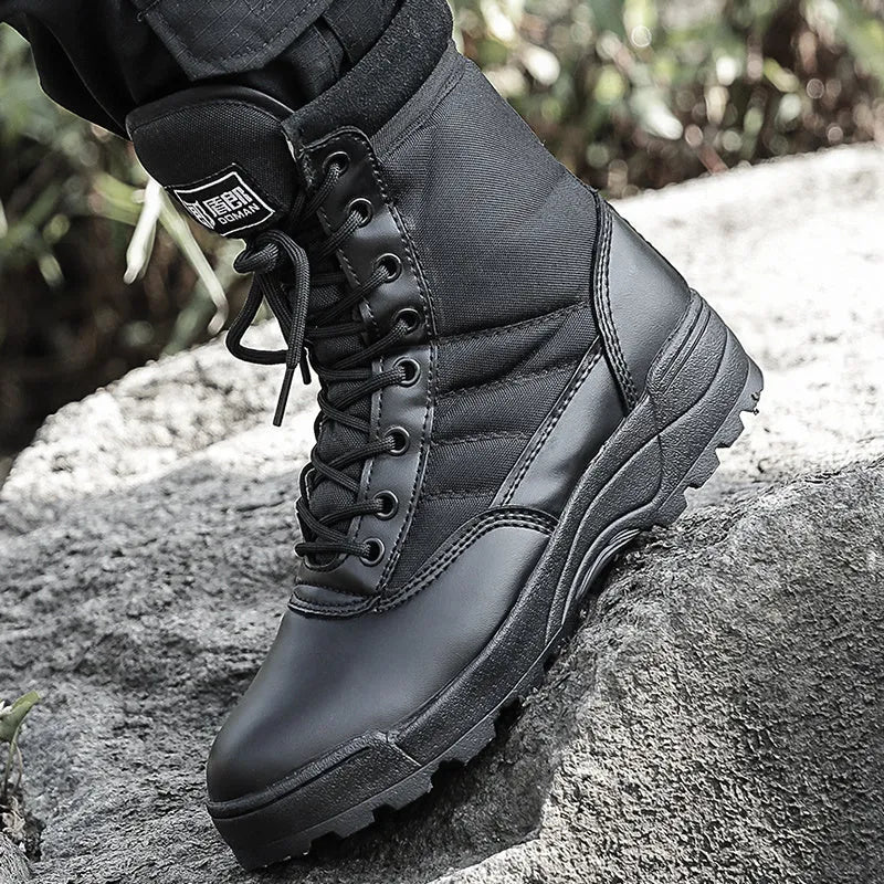 Men's microfiber leather desert combat boots in black and sand for hiking and outdoor sports