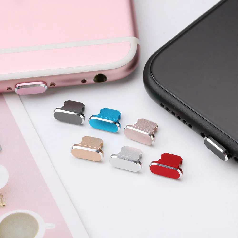 Aluminium alloy dust plug for iPhone Lightning charging port in various metallic colours.