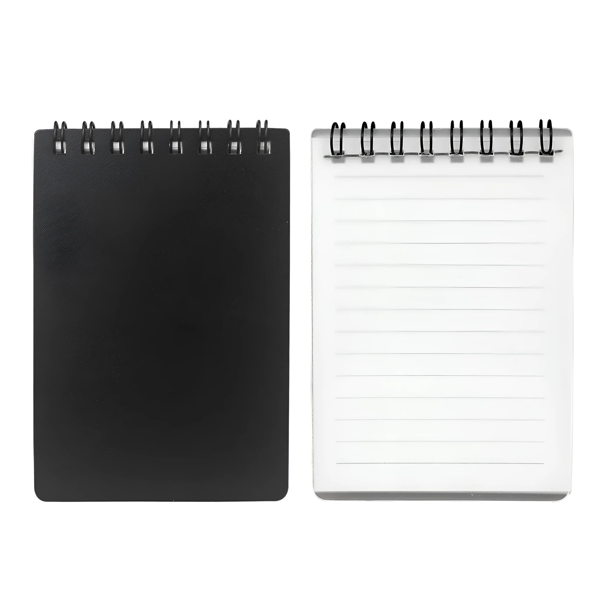 Business Intelligence notepad with black and white transparent PP cover, spiral binding, and included pen.