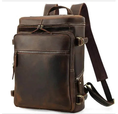 Large brown leather backpack with zipper closure, under 20L capacity