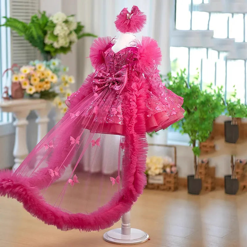 Rose red butterfly sequined long sleeve princess children's birthday party dress for girls 80-160cm