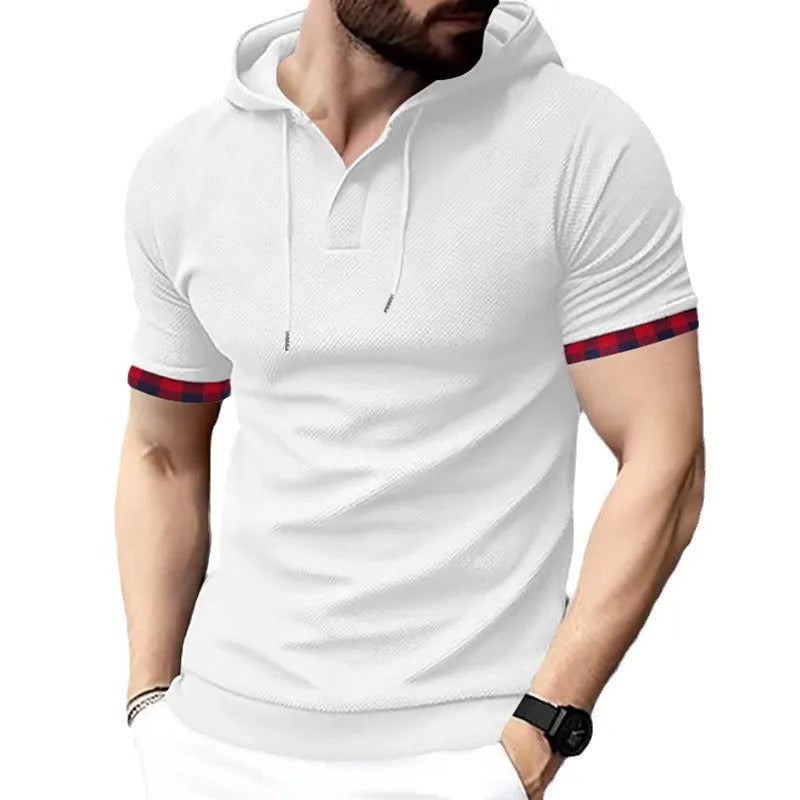 Men's short sleeve sport casual hooded top in solid colour polyester blend – shown in royal blue on a male model.