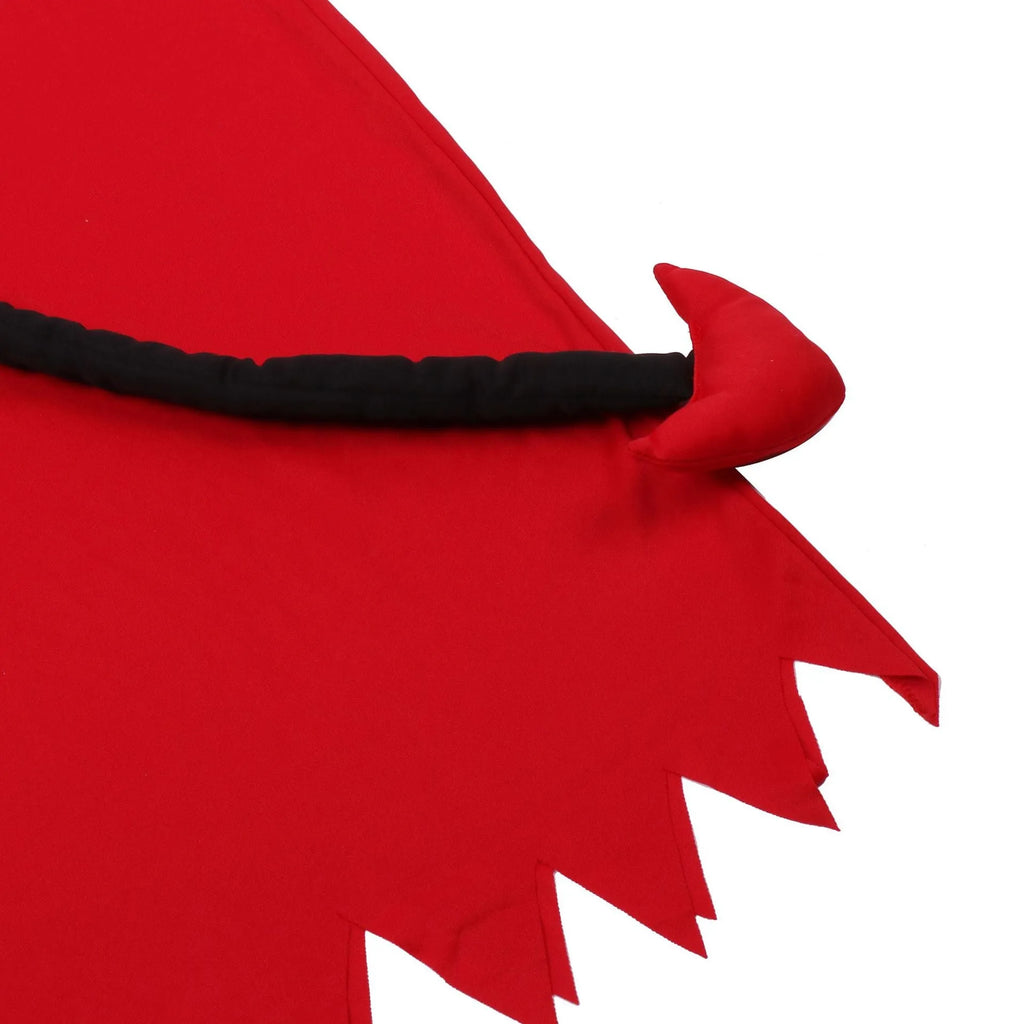 Red polyester Halloween demon costume with horned hood, serrated dress, plush tail, and wrist gloves