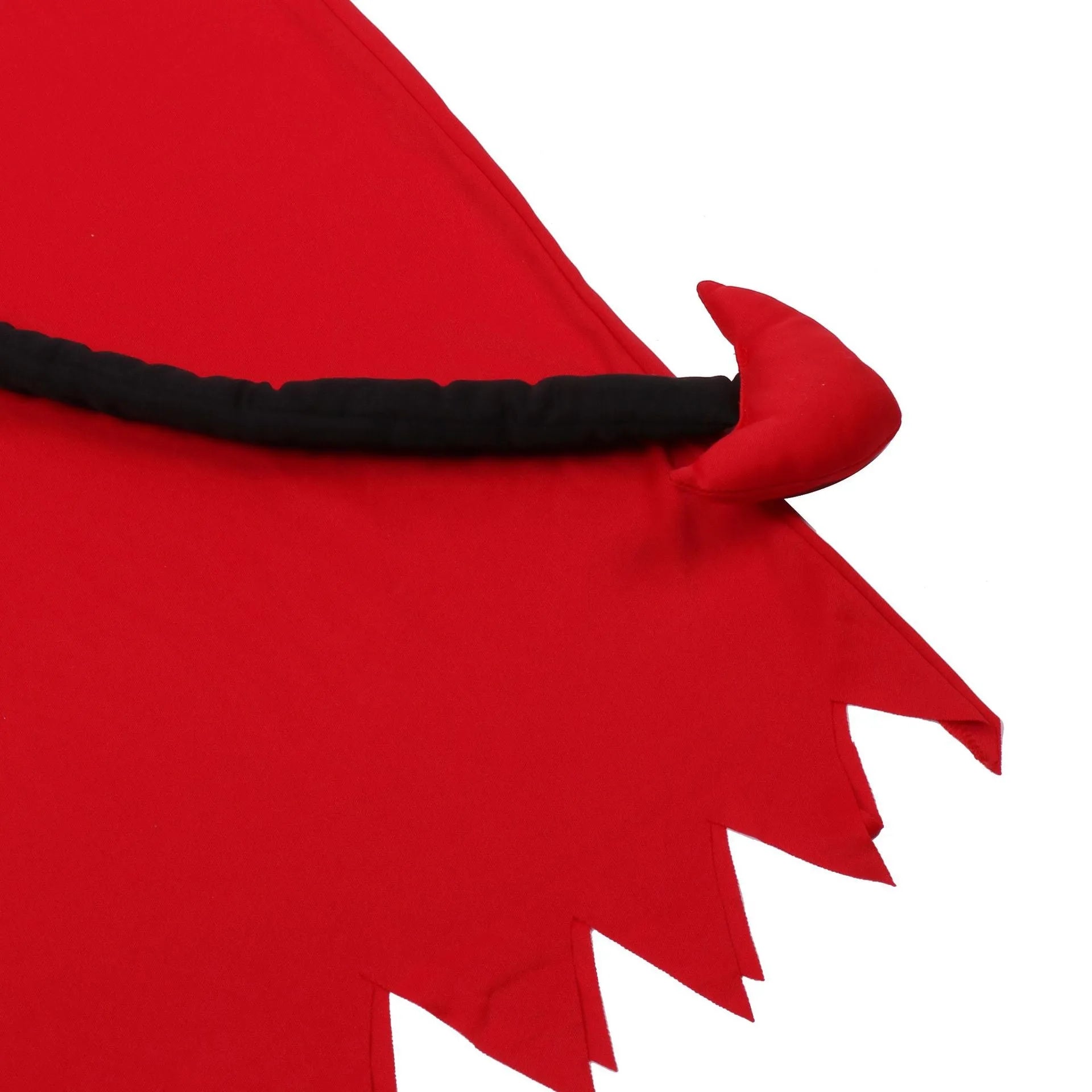 Red polyester Halloween demon costume with horned hood, serrated dress, plush tail, and wrist gloves