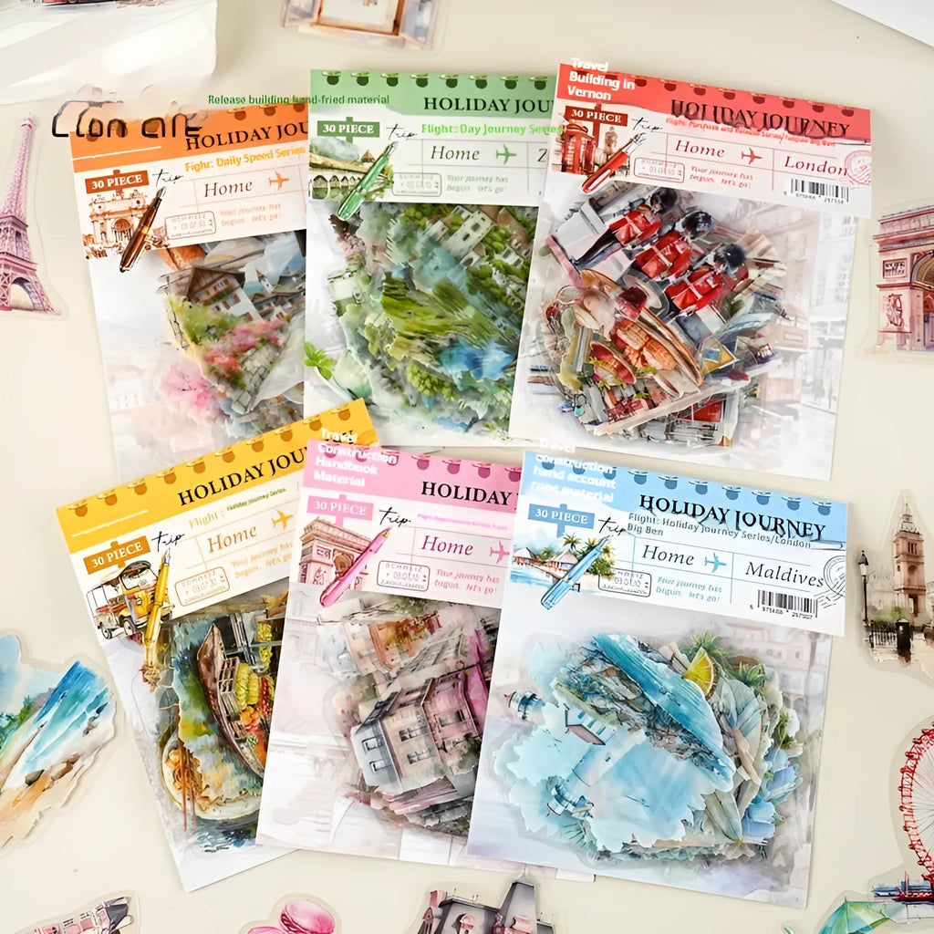 Assortment of retro architecture and travel destination journal stickers including Big Ben and Arc de Triomphe.