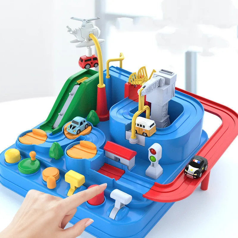 Plastic Big Adventure Parking Lot rail and trolley track set for toy cars in multiple colour options.