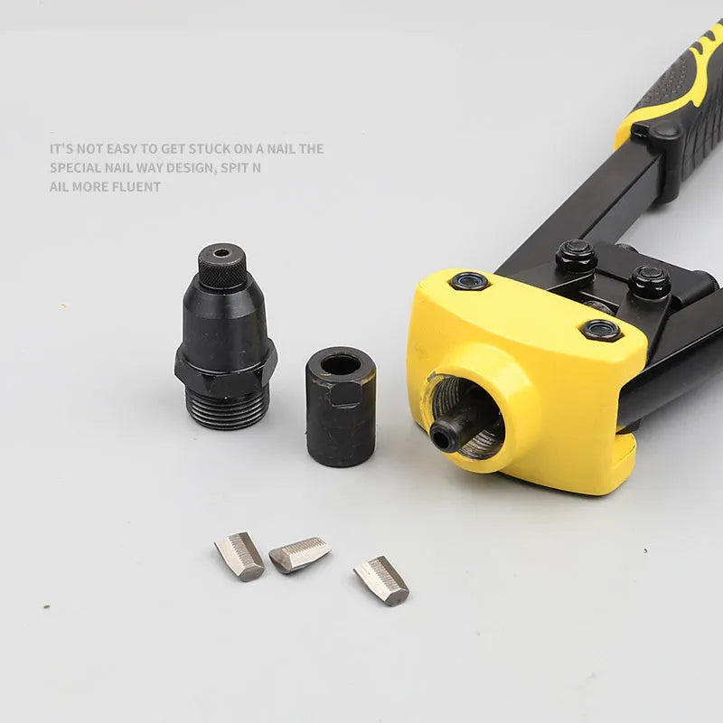 Yellow 13-inch manual rivet gun with three built-in tips for household metal fastening