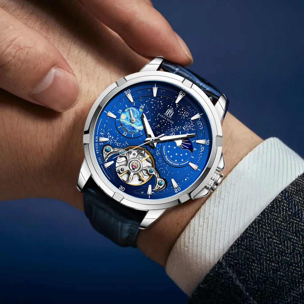 Men's automatic mechanical watch with blue dial and stainless steel case, showing clasp.