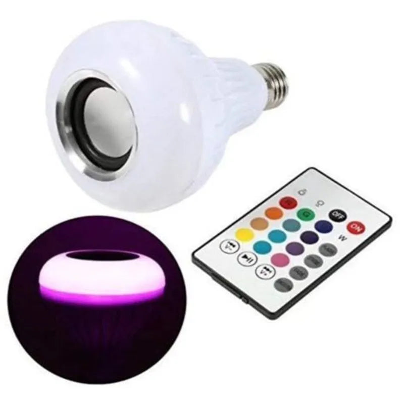 White Bluetooth speaker LED light bulb with E27 screw base for colour changing lighting and wireless audio.