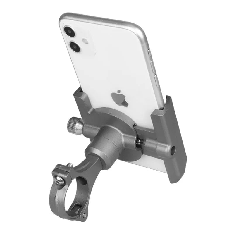 Aluminium bicycle phone holder mounted on handlebar holding mobile phone