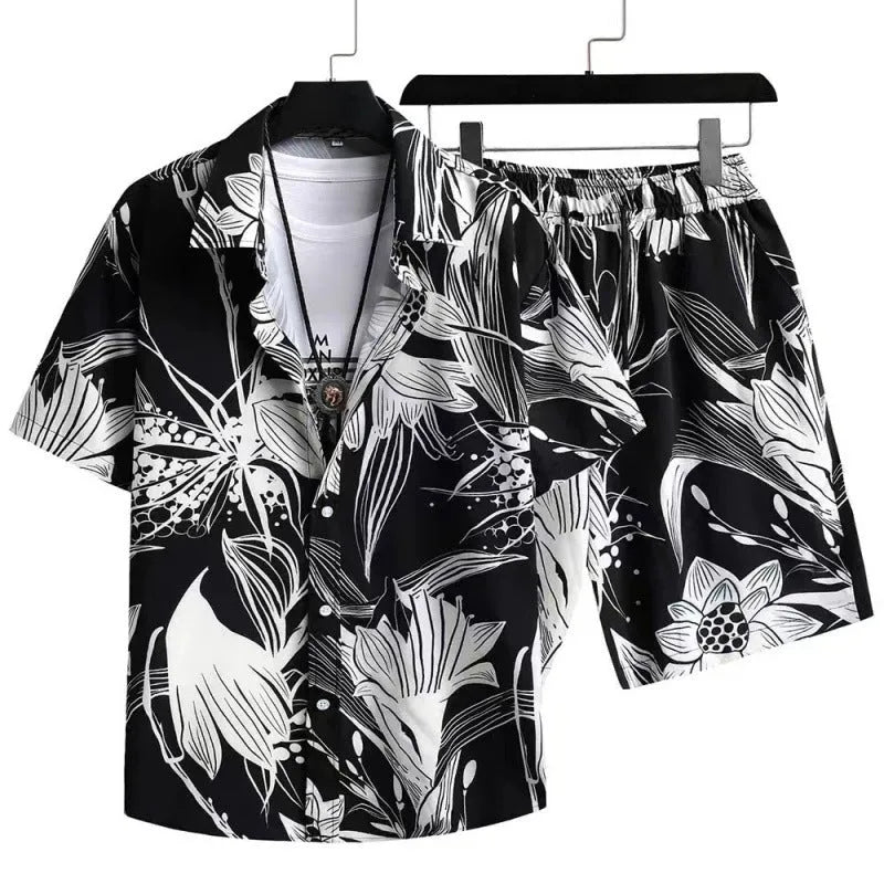 Man wearing a digitally printed cardigan and shorts loungewear set in polyester.