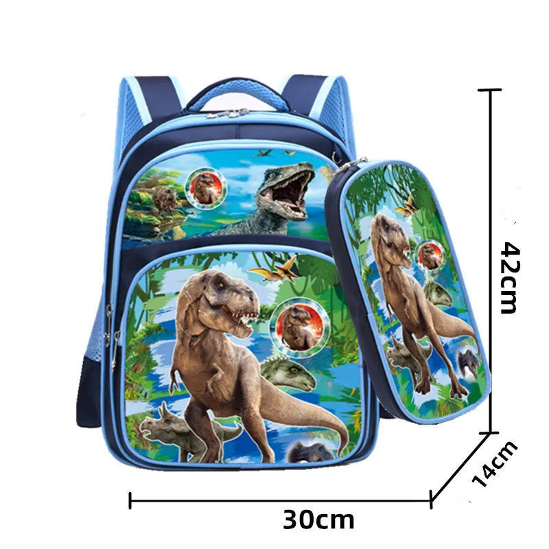 Blue nylon school backpack with cartoon print, shown with a pencil case
