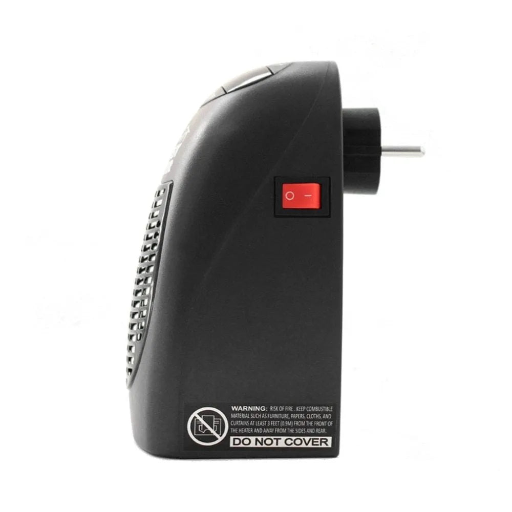 Black mini electric heater with digital display and a rotating three-prong plug on a desk.
