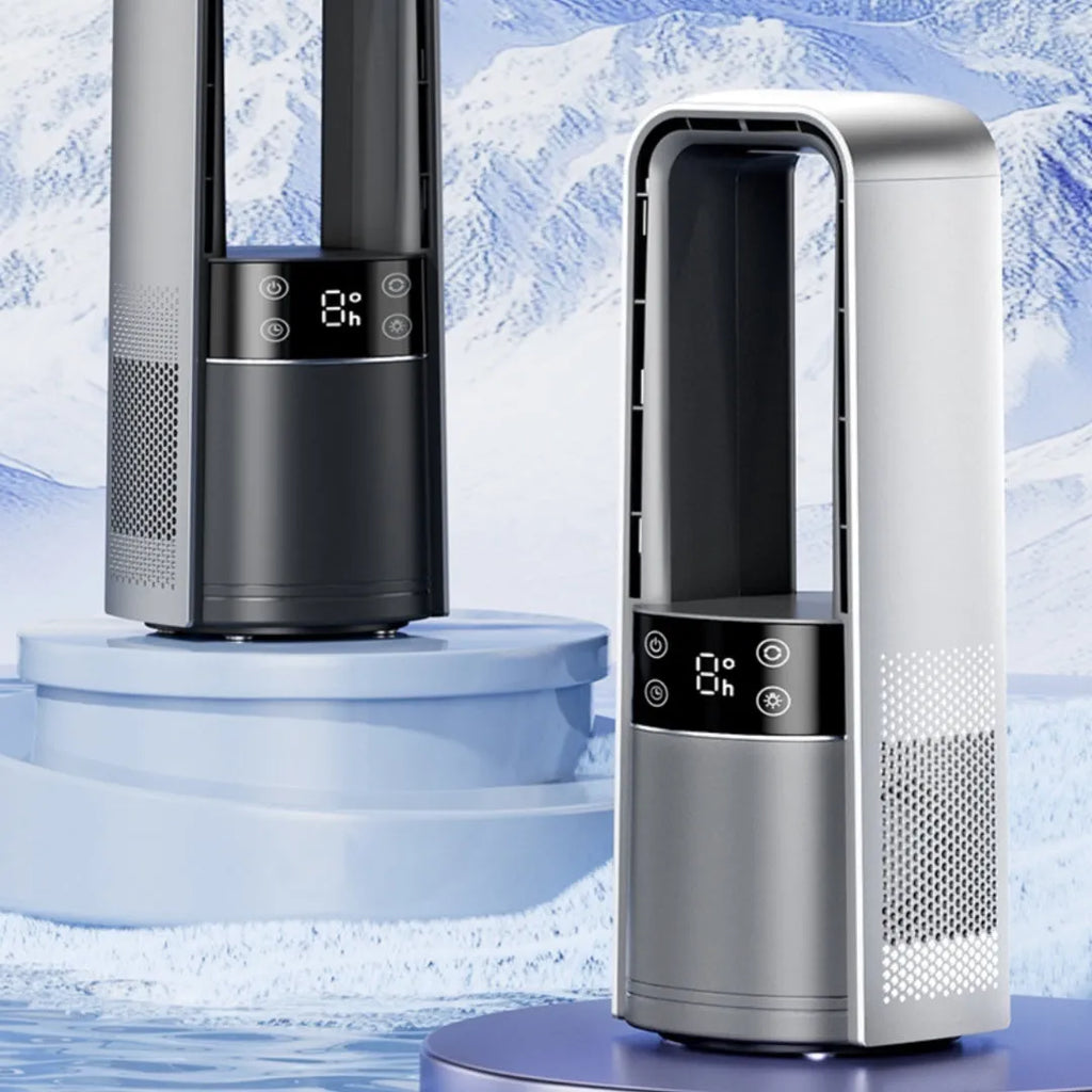 Light grey bladeless twin-turbo fan with digital display, remote control, and 3500mAh USB battery.