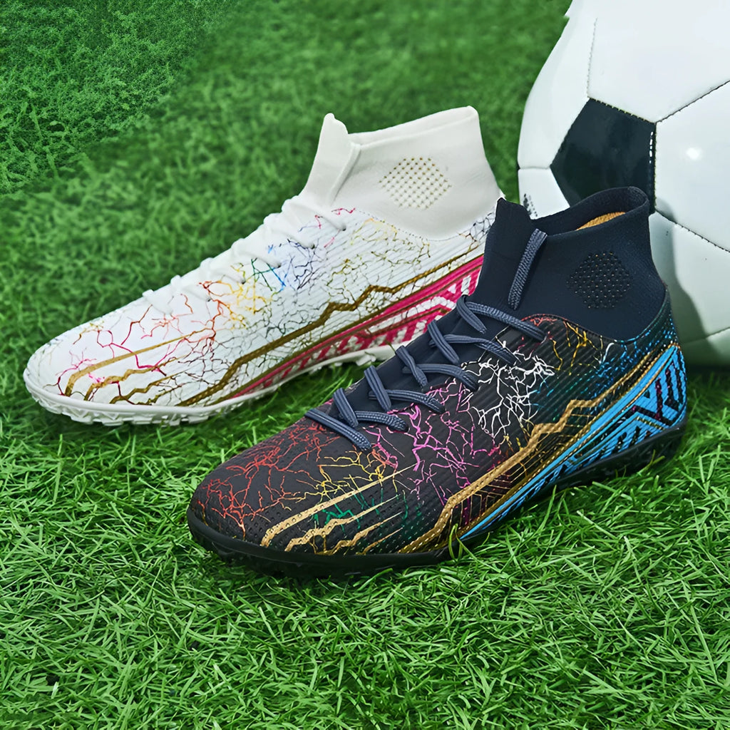 High-top youth spike turf soccer shoes with PVC upper and rubber sole on artificial grass