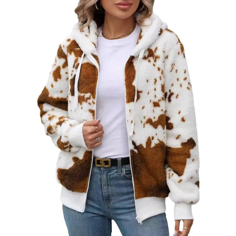 Yellow brown cow animal print hooded cardigan jacket with full front zipper in plush polyester fabric