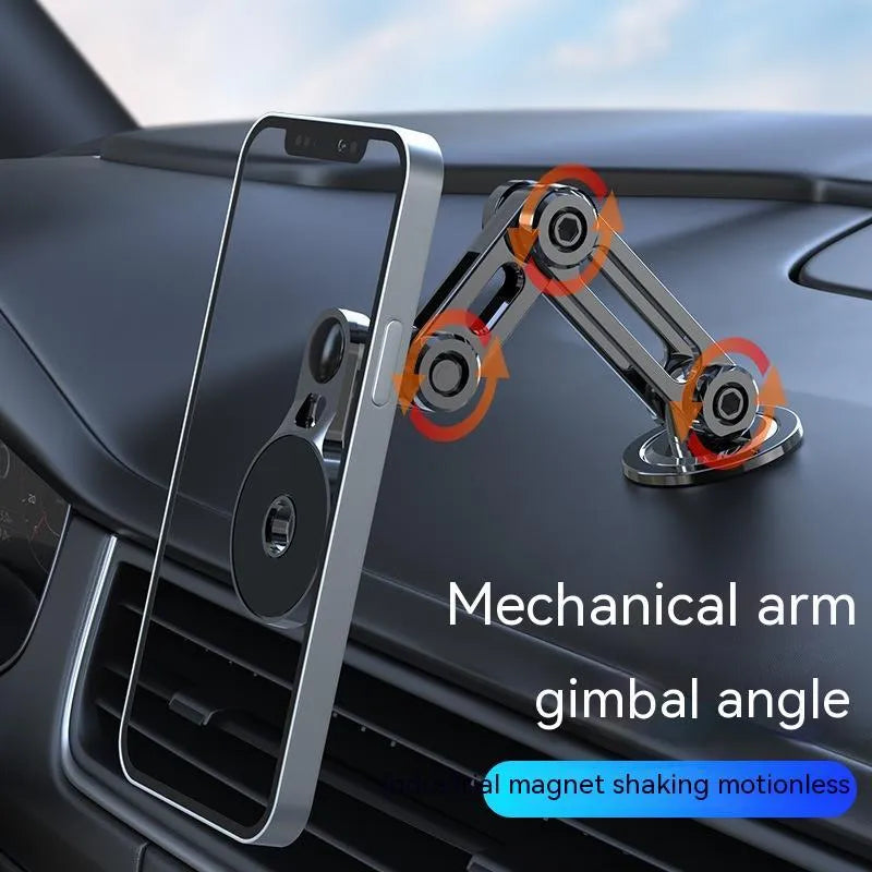 Black magnetic car phone holder mounted on dashboard with phone attached showing 360-degree rotation capability