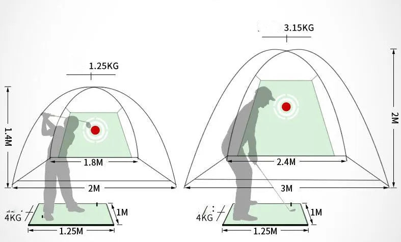 Golf practice net in green, 2m size, with 210D Oxford cloth and 170g polyester mesh, suitable for indoor and outdoor use.