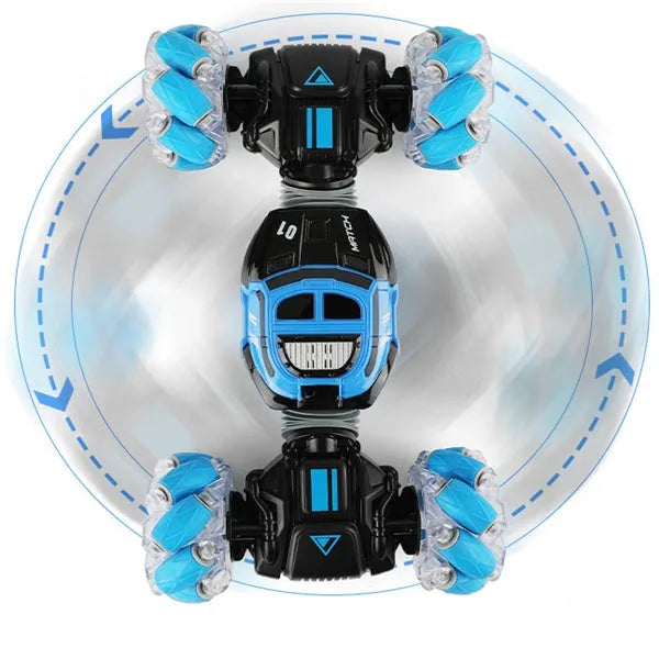 Red remote control stunt car with gesture control, morphing off-road tyres, lights, and music, measuring 32 cm long