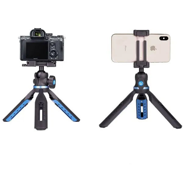 Black desktop mobile phone tripod for Apple iPhone and Huawei P30 models.