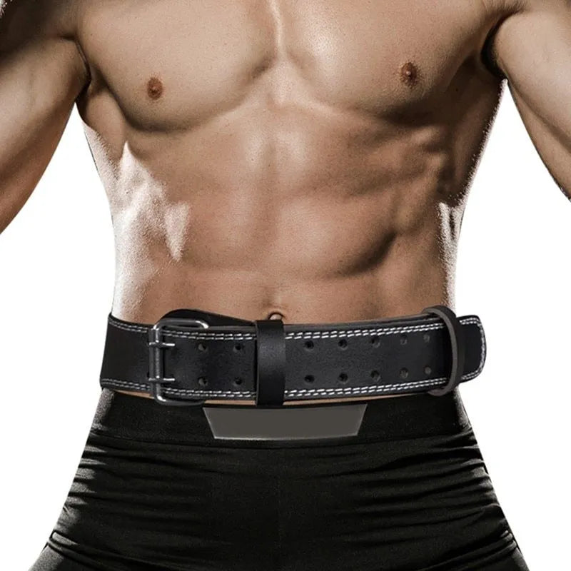 Black narrow PU leather weightlifting waist belt with punch-hole adjustment, sizes M L XL