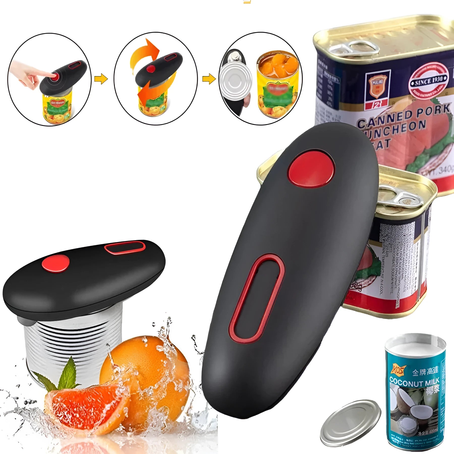 Black electric can opener with plastic construction for one-touch opening of cans, jars and bottles