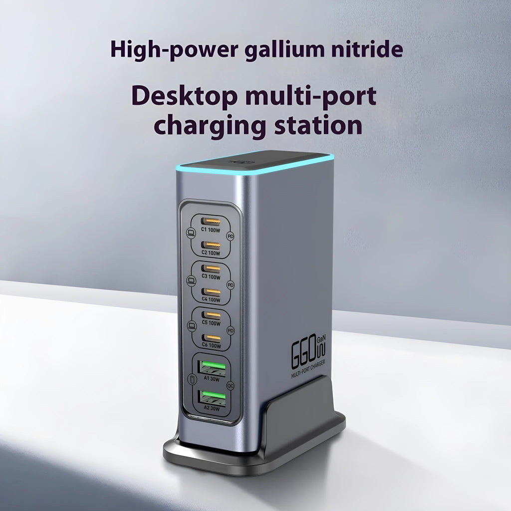 660W gallium nitride multi-port desktop fast charger with interchangeable US, EU, UK, and AU plug heads.