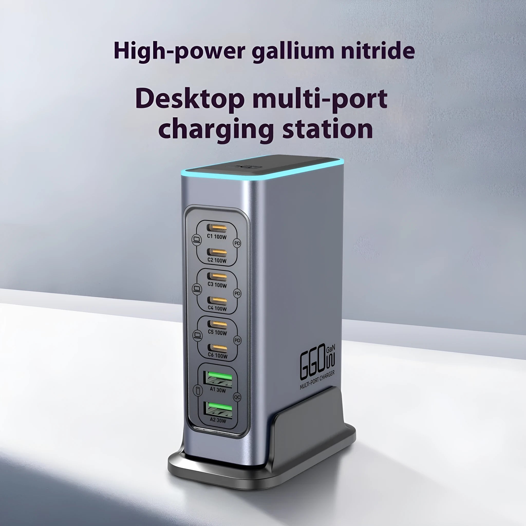 660W gallium nitride multi-port desktop fast charger with interchangeable US, EU, UK, and AU plug heads.