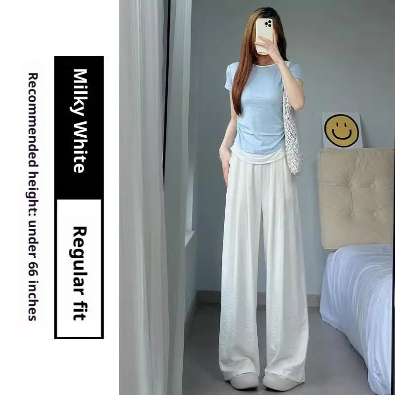 Casual tall sweatpants white wide leg high waist pleated trousers for women acetate fabric