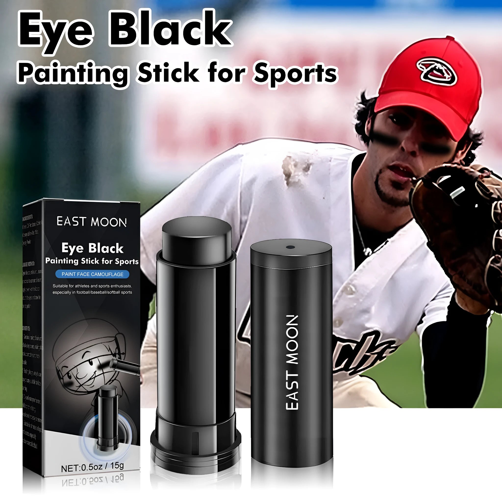 Sports eye black paint stick packaging showing 15g content for athletic use