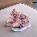 Golden, pink and silvery children's LED shoes with light-up soles, showing size chart from 21 to 30cm.