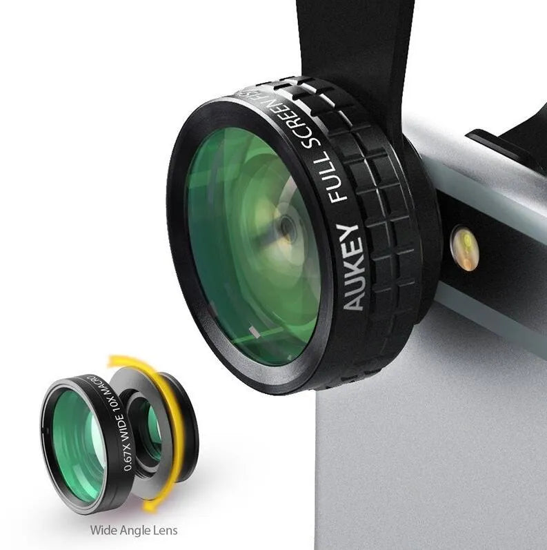 Aukey PL-A1 three-in-one camera lens set including fisheye, wide angle, and macro lenses with carrying case
