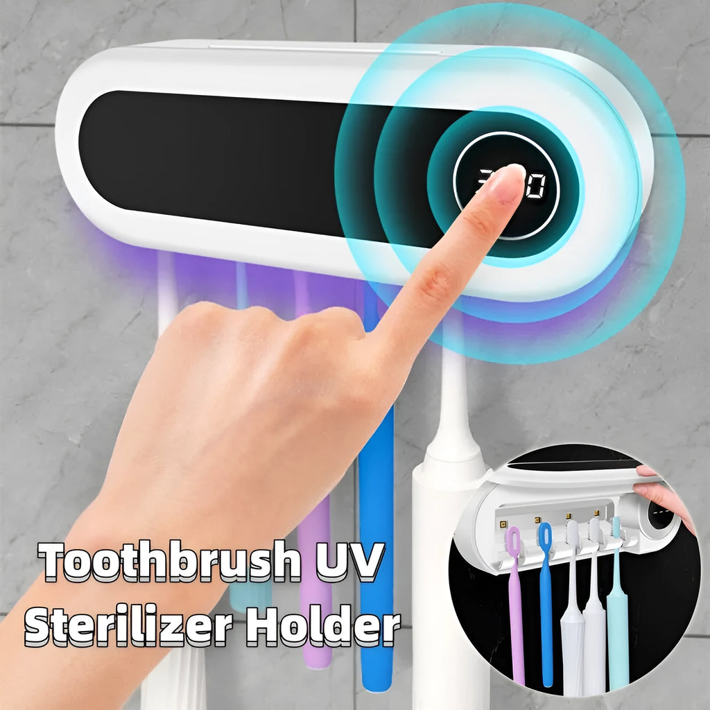 Ivory white wall-mounted UV toothbrush sterilizer holder with digital display showing 360-second timer.