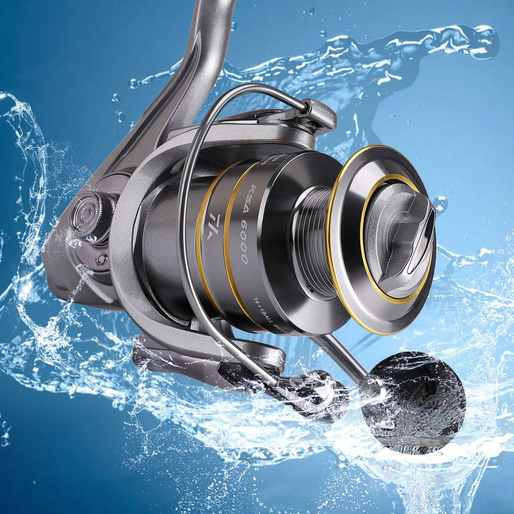 Silver sub fishing line wheel with metal body, folding rocker arm and copper gear bar, sizes KSA1000 to KSA5000.